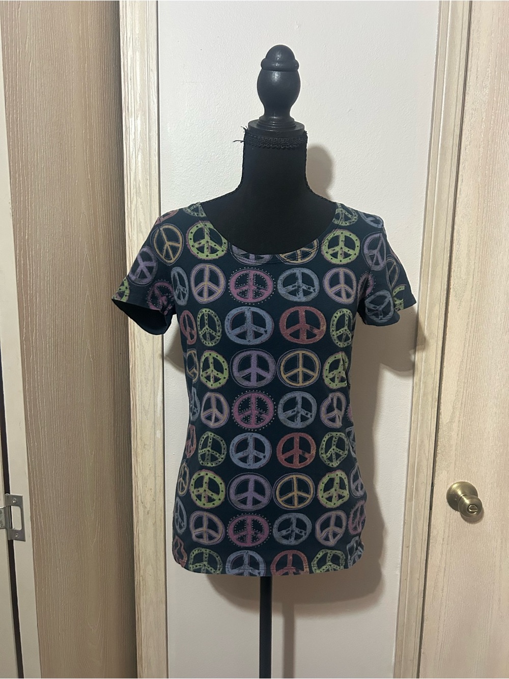 Black Short Sleeve Tee with Multicolor Peace Sign Print
